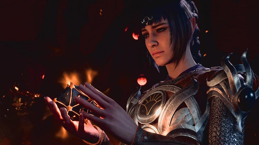 A character in Baldur's Gate 3 holding a glowing many-sided object.