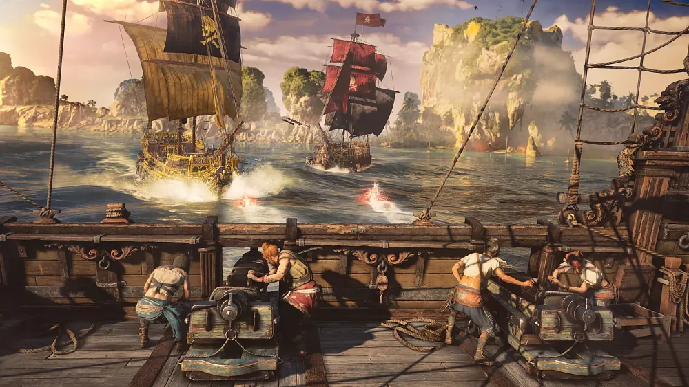 Pirates doing pirate things and having a pirate battle at sea.