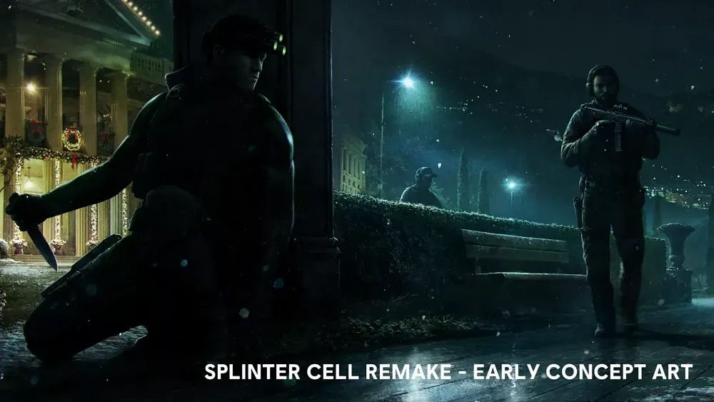 Concept art showing a spy, Sam Fisher, hiding in the shadows ready to strike a bad guy on patrol.