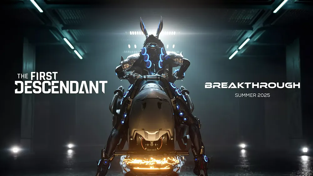 Preview art for Season 3, Breakthrough, for The First Descendant. It shows a rear view of one of the characters with bunny ears sitting on a hover bike.