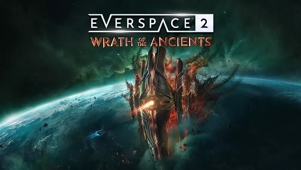Key art for Everspace 2: Wrath of the Ancients featuring the title and alien starship flying high above an alien planet.