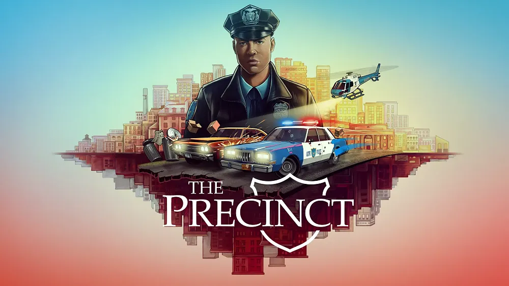 Key art with the title of The Precinct and showing a cast of characters for the game, with a focus on police officers.