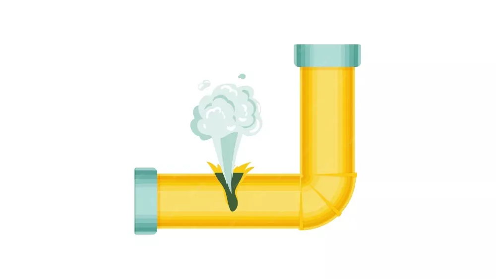 An illustration of a bent steam pipe with a hole and a steam leak coming out.