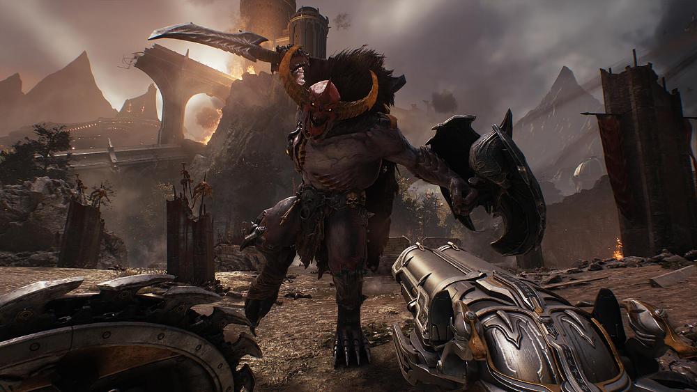 A horned demonic demon with a long blade and shield attacking the player, aka, the Doom Slayer.