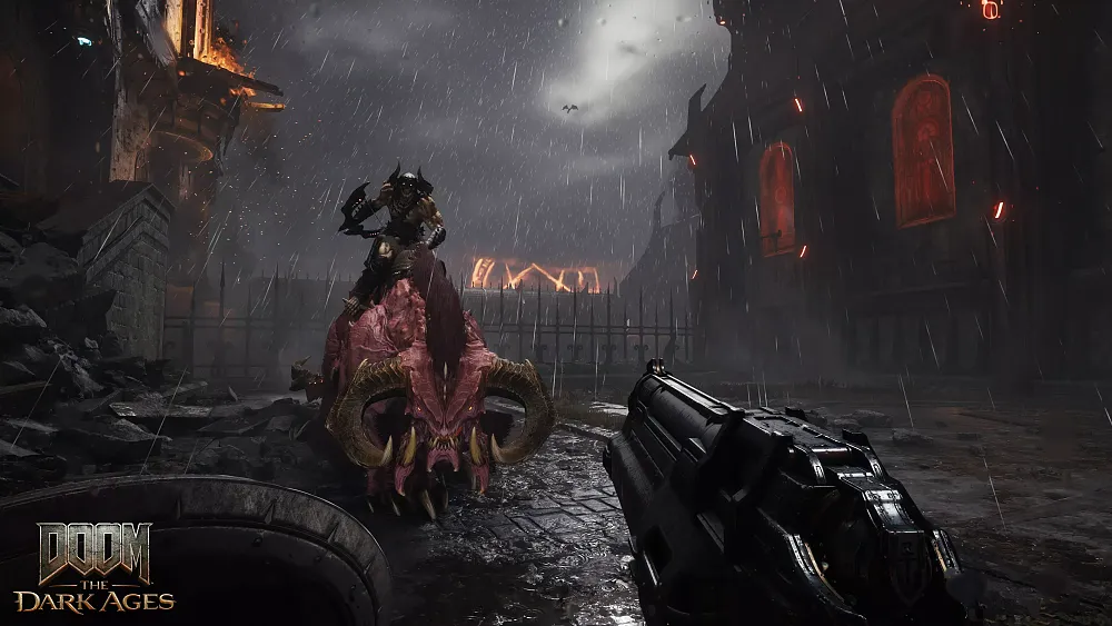 Screenshot showing the player about to take on an enemy that is riding a demon bull creature. Rain is falling in some sort of a medieval hell setting.