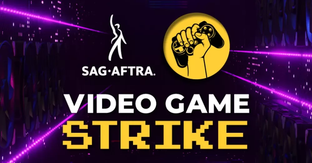 Colorful image from SAG-AFTRA calling for a video game strike to protect actors from generative AI.