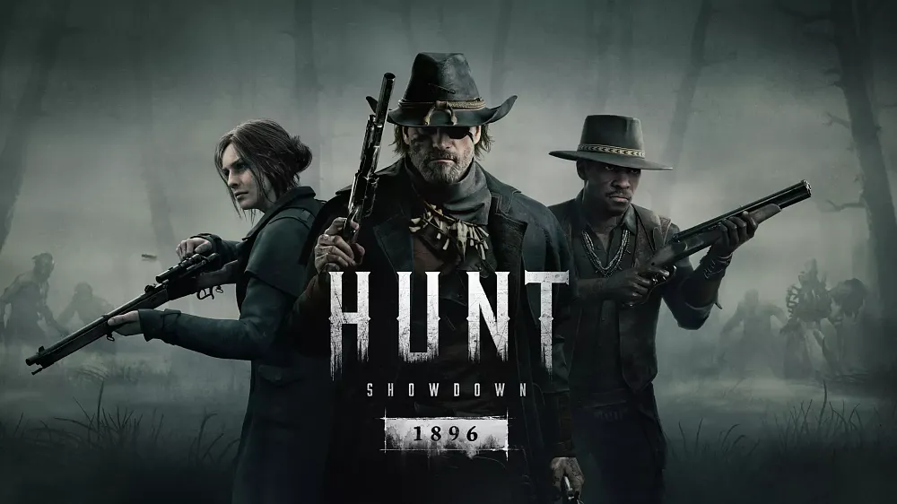 Key art showing the title and three characters from Hunt: Showdown 1896.