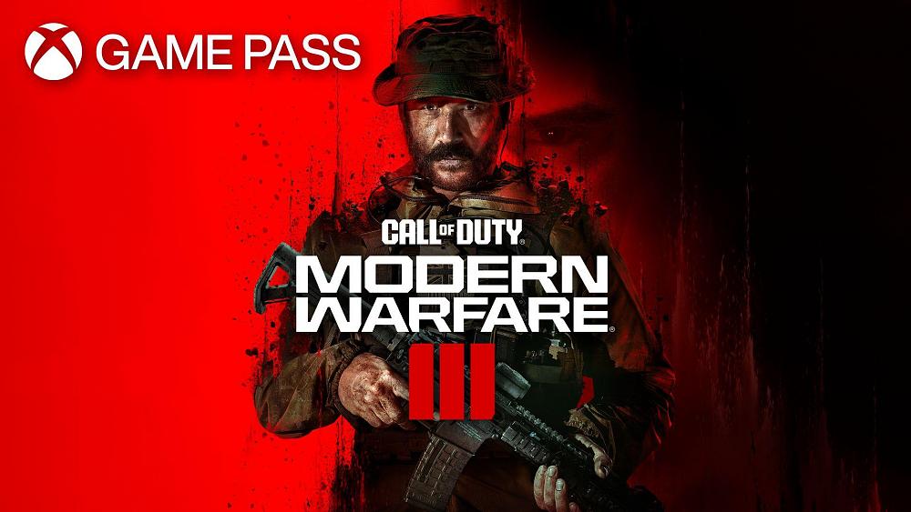 A soldier with big sideburns and a beard holding an automatic rifle. Words "Game Pass" and "Call of Duty: Modern Warfare 3" appear.