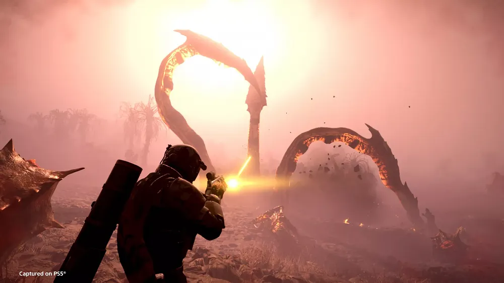Screenshot showing long, thin tendril-like creatures called Impalers from how they appear in Helldivers 2.
