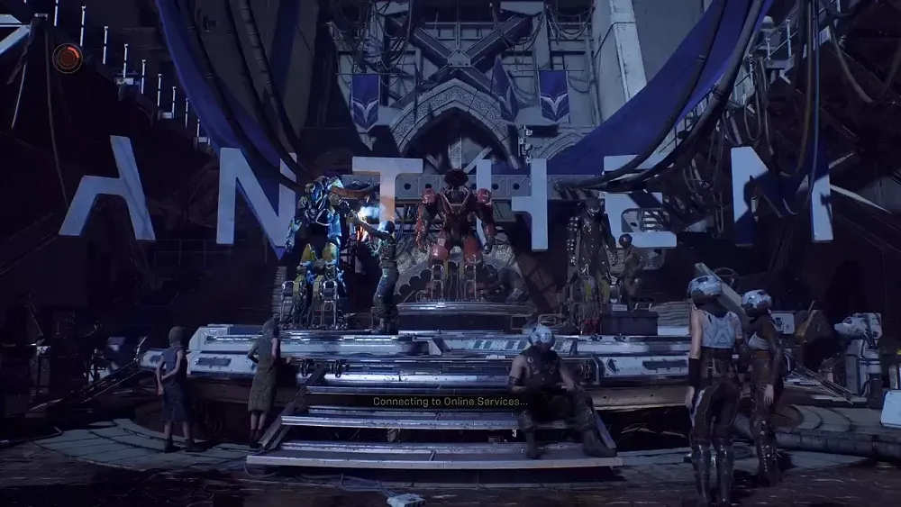 The Anthem startup screen showing a message about trying to connect to online services after the servers were pulled.