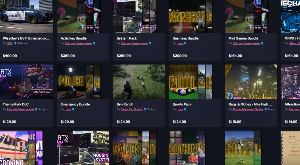 Screenshot showing the more expensive paid mods on CfX Marketplace, a paid mod market from Rockstar Games for FiveM and RedM communities.