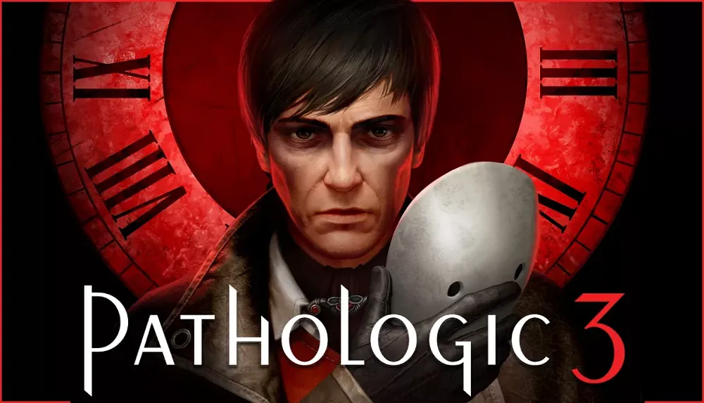 A man holding a mask. The art is for the game Pathologic 3.