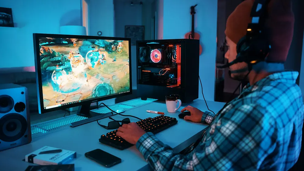 A person sitting at a computer desk playing a game.