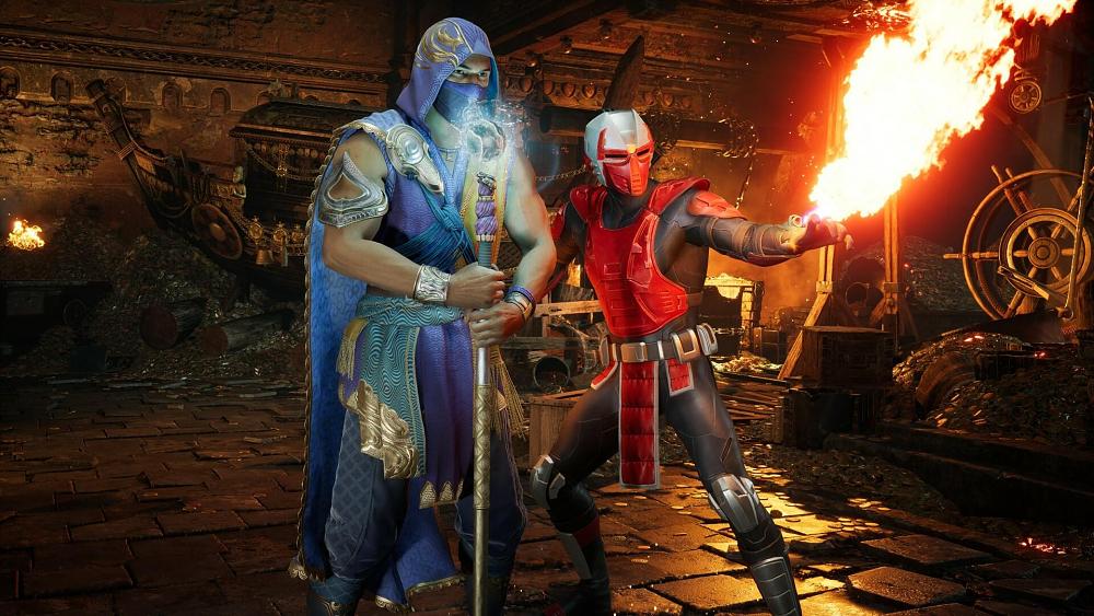 Two fighters, one a ninja in purple garb and another in a red cyborg suit.