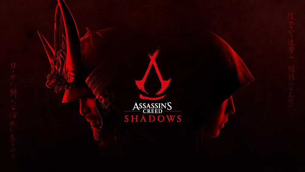 Outlines of Naoe and Yasuke around the title of Assassin's Creed Shadows, all set against a red background.