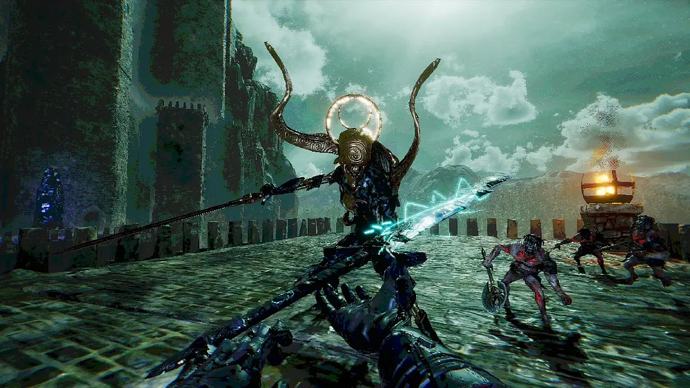 First-person view of swinging a sword at a sword using demonic creature.