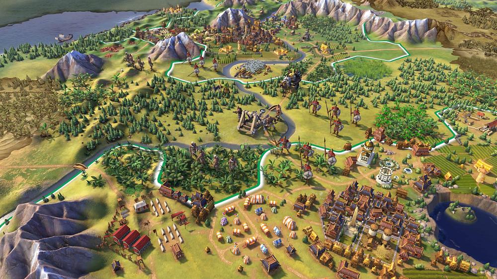 Isometric view of a landmass with forests, cities, towns, and people. Boundaries between cities are shown.