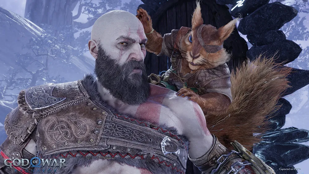 A squirrel wearing an eyepatch talks to a bald, muscular, bearded man.
