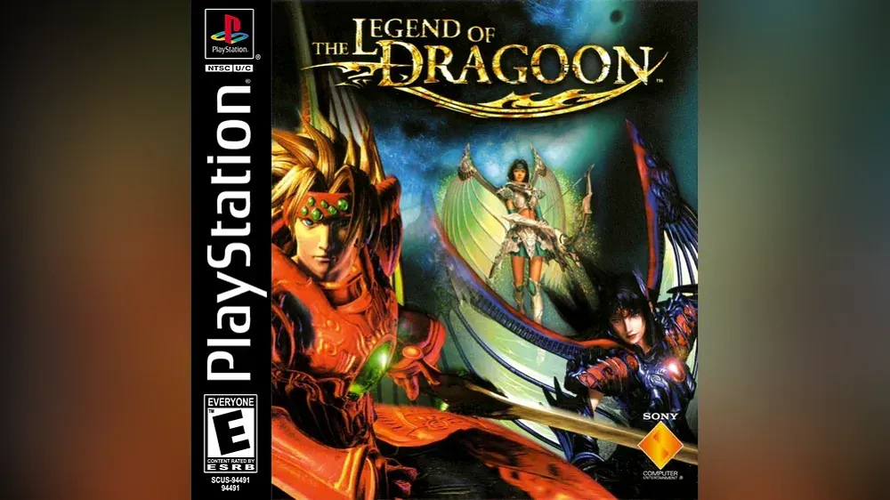 Three fantasy characters, each with wings and different weapons and armors. The words PlayStation and The Legend of Dragoon appear.