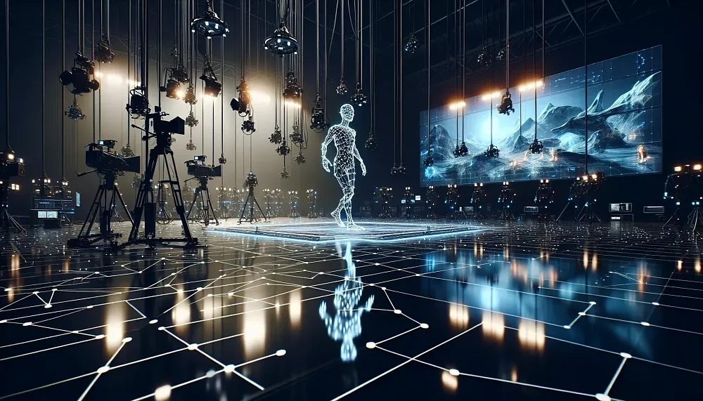 A mockup of a motion capture studio full of cameras and lights