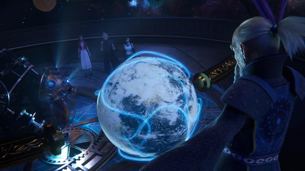 An old man standing over a globe while three heroes stand a bit in the background looking on.