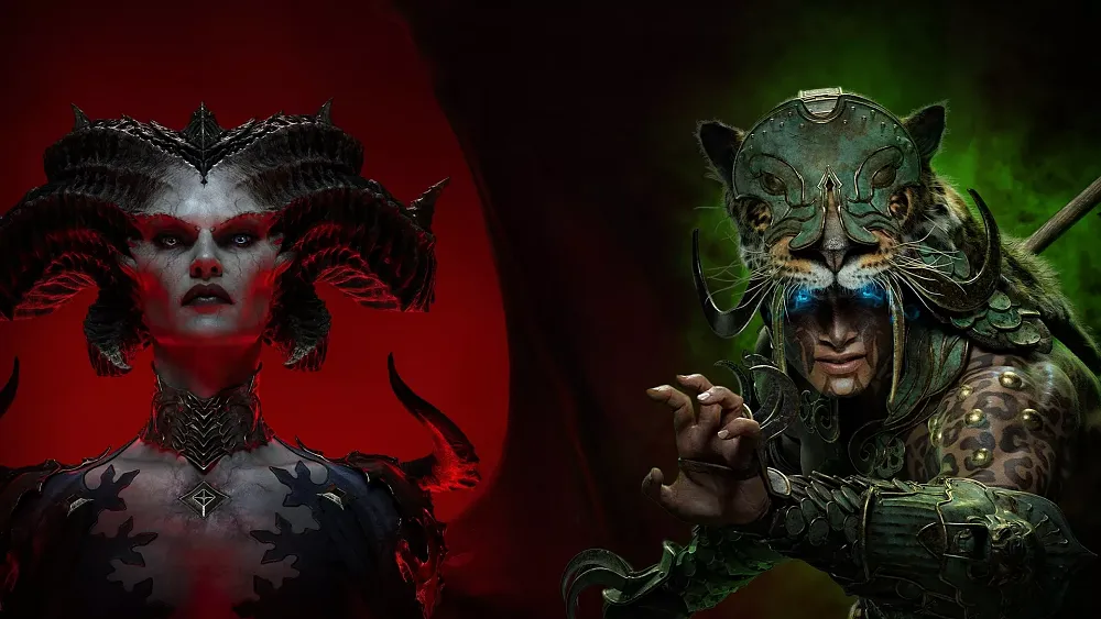 Split image with one side showing the art for Diablo 4 and the other showing the art for Vessel of Hatred, the expansion for Diablo 4.