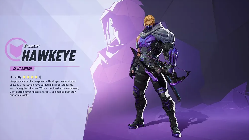In game version of Hawkeye from Marvel Rivals, showing he's a fairly difficult character to play as and a brief bio.