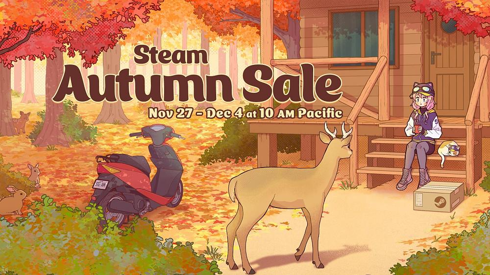 Text: Steam Autumn Sale. Nov 27 - Dec 4 at 10AM Pacific. Image shows a cozy cottage in fall with a deer approaching a person.