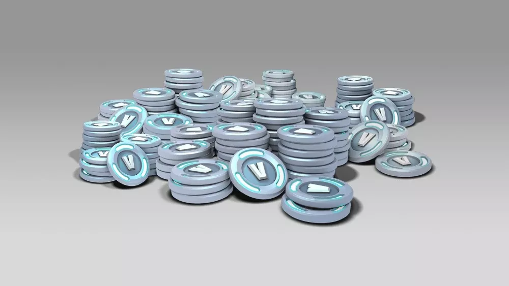 Image of a pile of the fake Fortnite currency called V-Bucks.