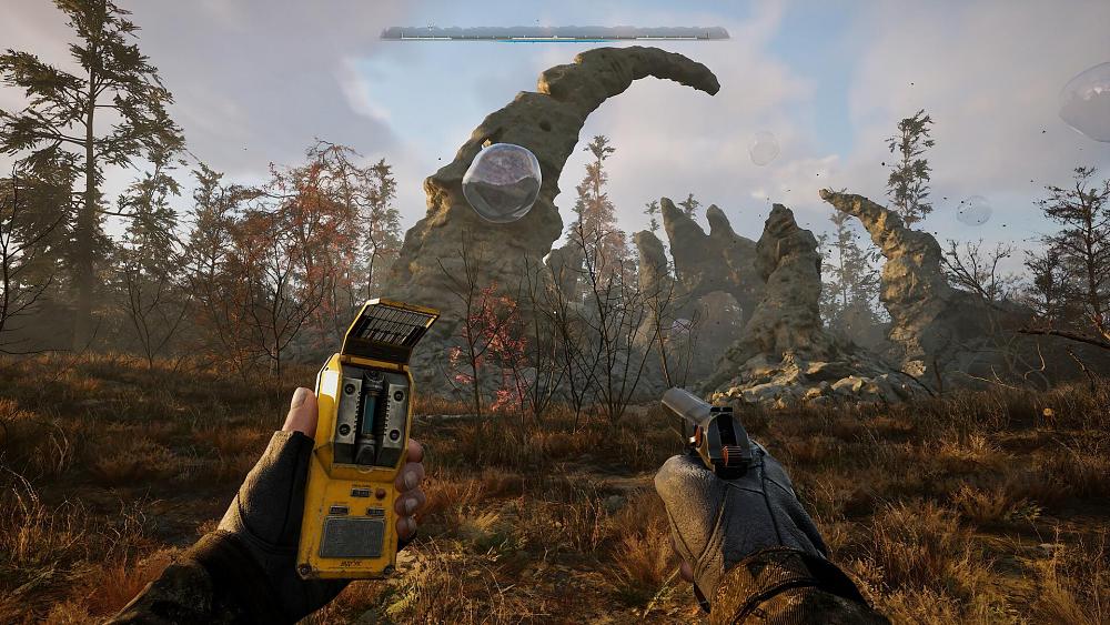 First-person view of a person holding a pistol and tech gadget while looking at a floating anomaly.