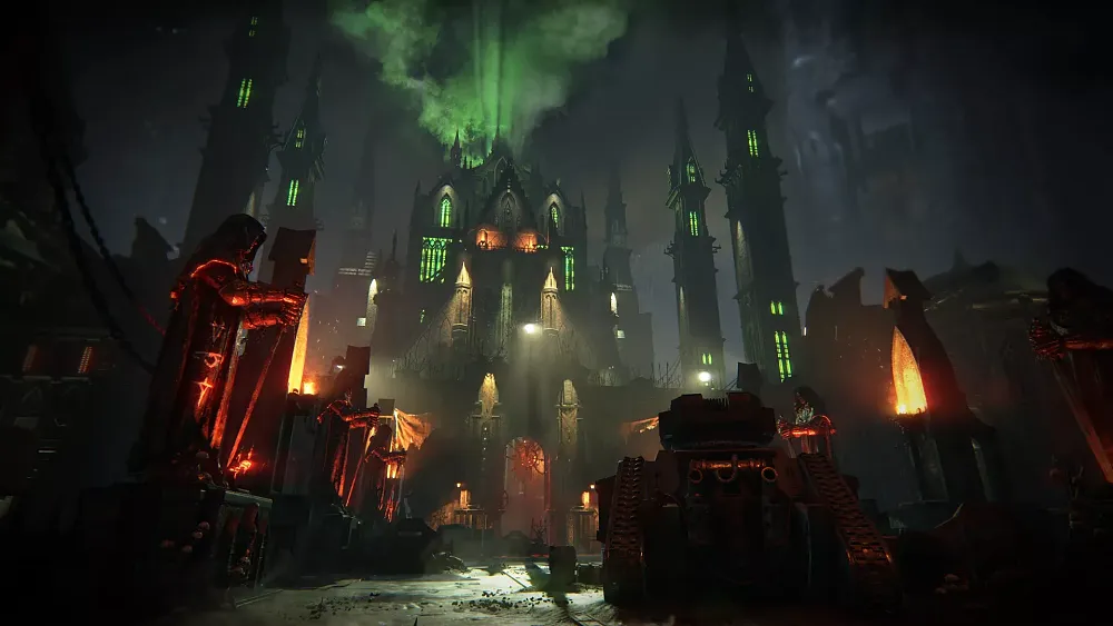Screenshot from a dark and moody location from the upcoming free update for Warhammer 40K Darktide.