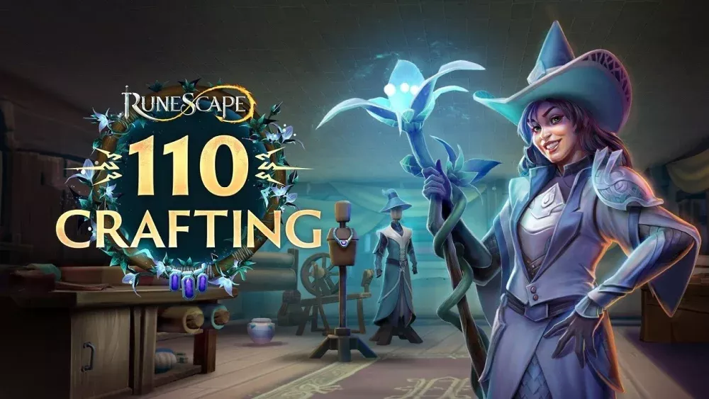 Promotional art featuring a RuneScape character wearing new armor and text promoting the 110 Crafting update for RuneScape.