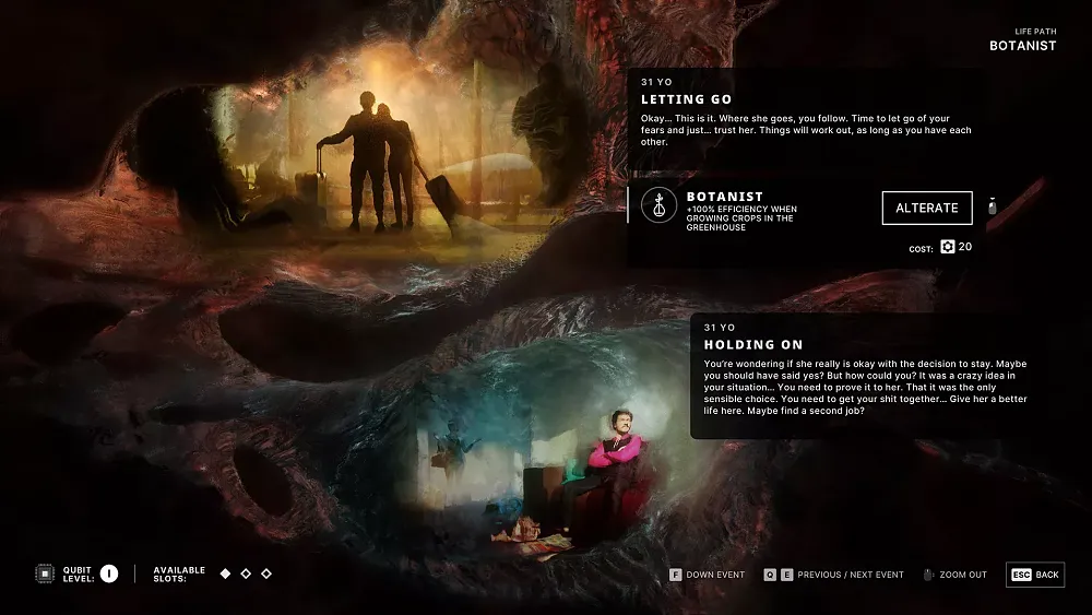 A screenshot from the game, The Alters.