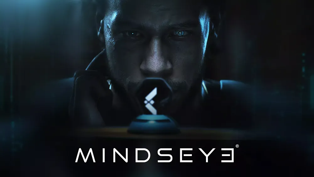 A man with what looks like some sort of a cybernetic eye implant is staring at an obscure shape. The title, MindsEye, is shown at the bottom of the image.