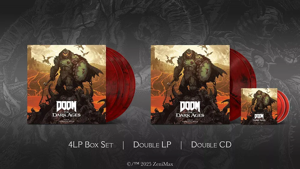 Photo of a 4LP, dual LP, and CD set for the Doom: The Dark Ages soundtrack.