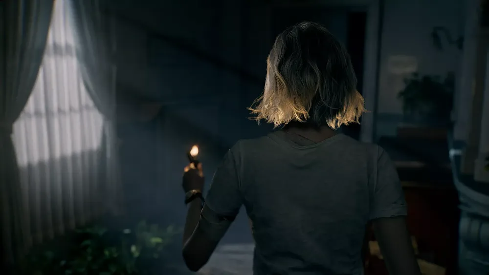 A third-person view of a character holding a lighter walking through a dimly lit hallway.