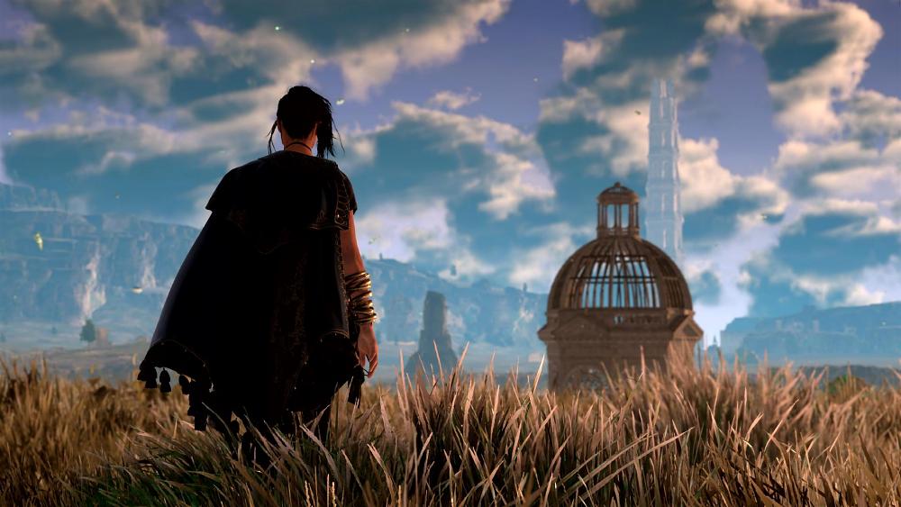 A girl with her back to the camera looks towards a domed building in the distance.