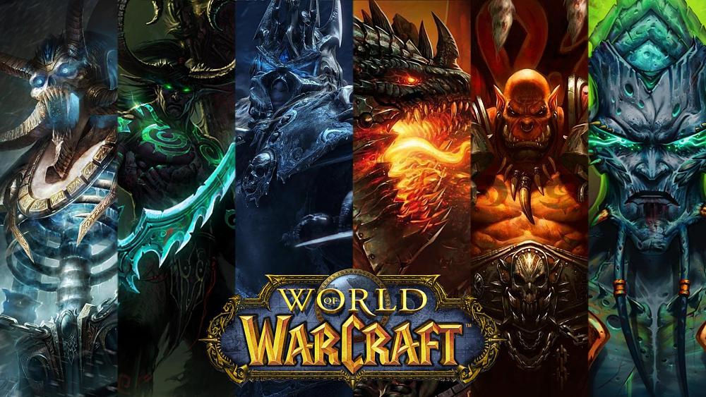 Artwork for World of Warcraft including the logo and words World of Warcraft. The background is a compilation of various fantasy characters including demons, dragons, orcs, evil humans, and more.