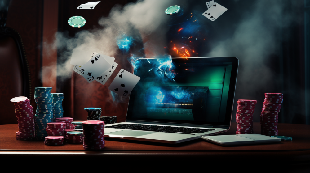 Cards and poker chips around a laptop on a desk.