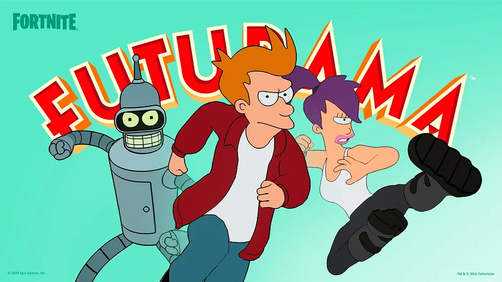 Art showing Bender, Fry, and Leela from Futurama in Fortnite.