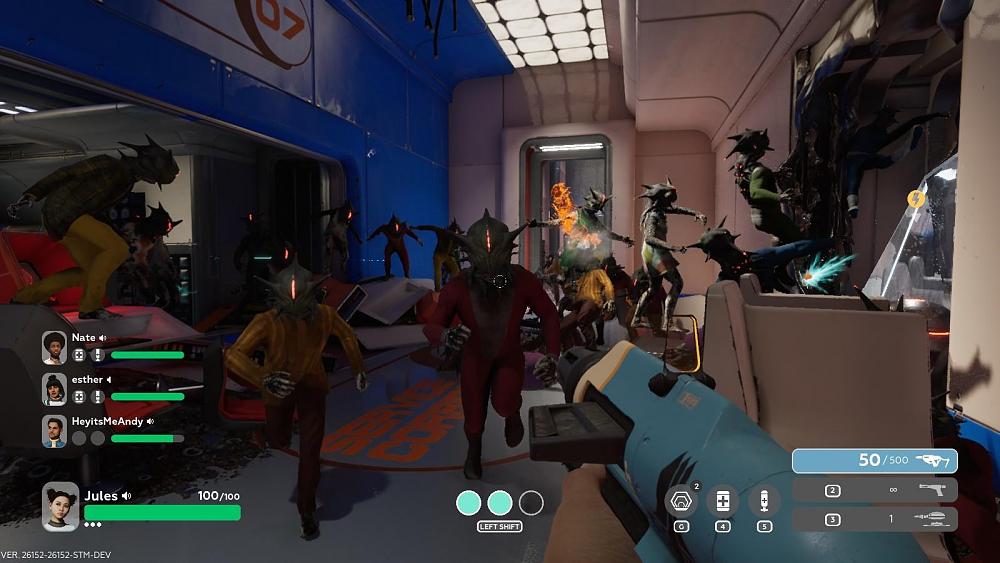 Screenshot from a game where lots of aliens in 60s-era sci-fi space clothing are charging at the player aboard a big space station.