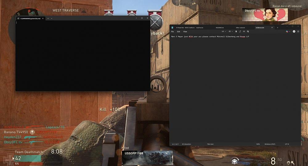 Image shows a PC command prompt and a Notepad pop up stating that the user was just "RCEd" by someone within Call of Duty: WWII on PC Game Pass due to an unpatched Remote Code Execution exploit.