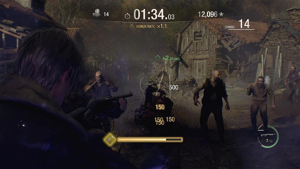 Someone taking aim and firing a shotgun at infected zombie-like people in a shanty-town village. UI elements show things like the current score, points popping up from enemy hits, time remaining, ammo count, and combat streak.