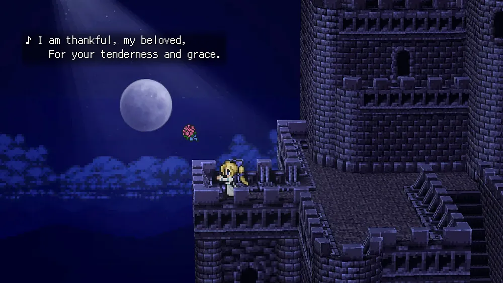 Text: (musical note) I am thankful, my beloved, for your tenderness and grace. Image: A pixelated girl throwing a bouquet of flowers off the side of a pixelated castle, all bathed in moonlight.