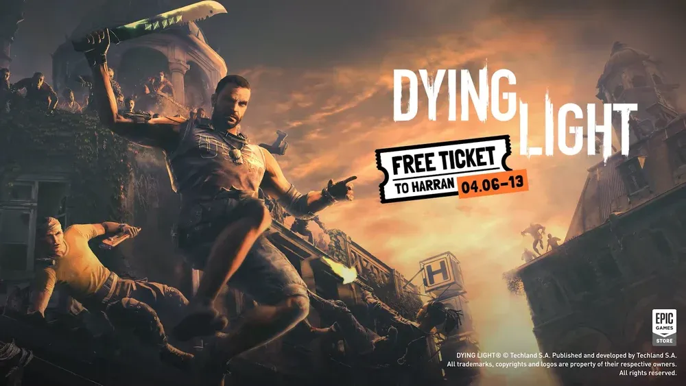 A man holding a machete jumping off a building while being pursued by a bunch of zombies. Text: Dying Light 2. Free ticket to Harran 04.06-13. Epic Games Store.