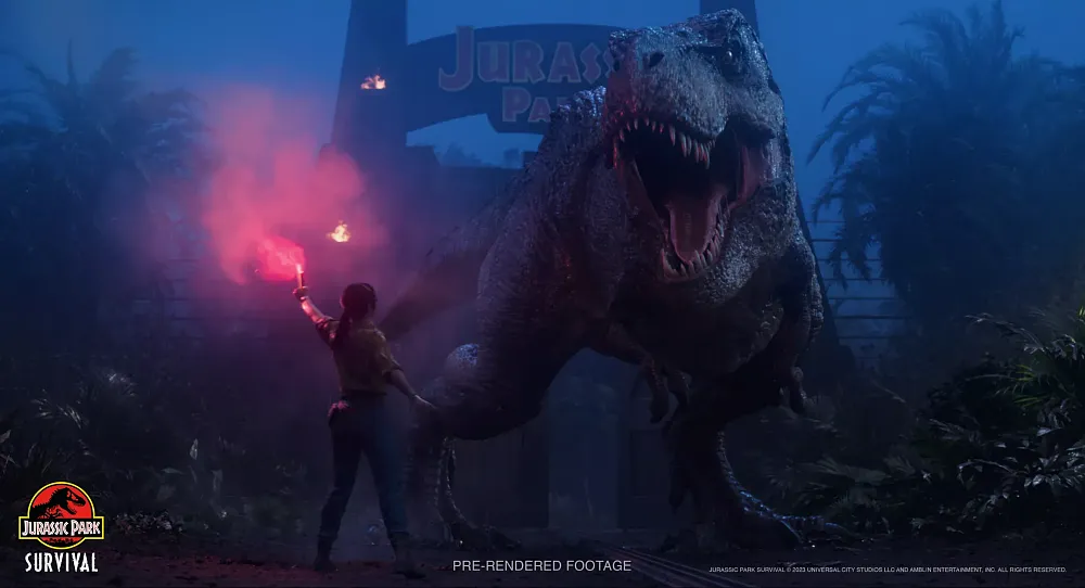 Pre-rendered image from Jurassic Park: Survival showing a T-Rex and a woman in a yellow raincoat waving a flare.
