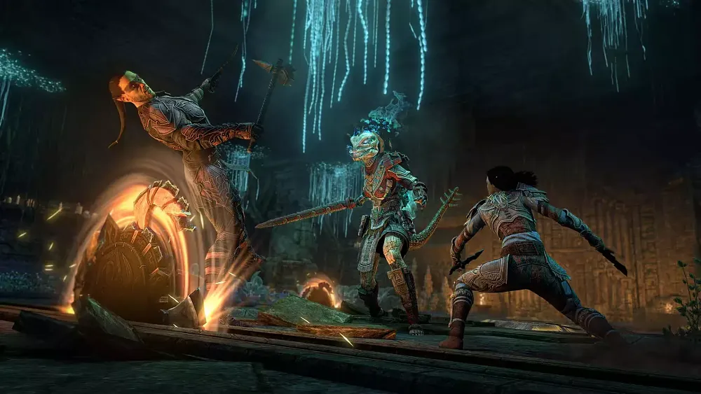 A group of fantasy adventurers and warriors taking on enemies and dodging traps inside of a dungeon.