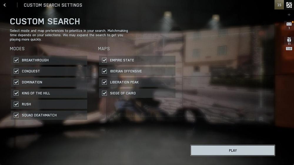 Screenshot showing the Custom Search feature in Battlefield 6 letting you filter by game modes and game maps.