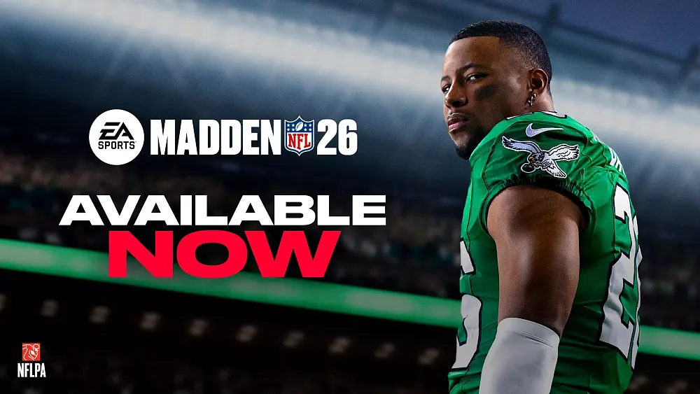 Text: EA Sports Madden NFL 26 available now. Image shows a football player looking back at the viewer wearing a Philadelphia Eagles jersey.