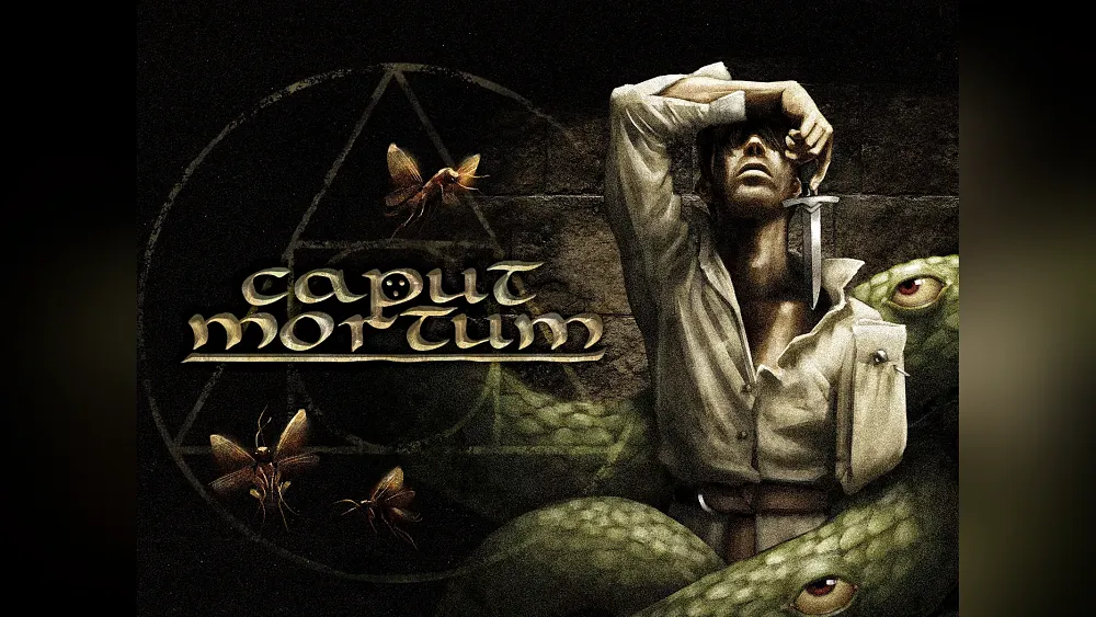 Text is the title, Caput Mortum. A man with one arm dangles a dagger over his own chest. There are cicadas and what looks to be a weird snake in the image.